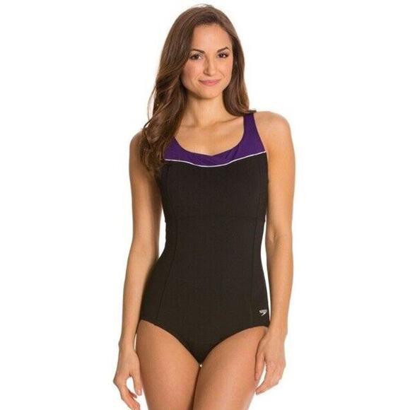 Speedo High Neck Piped One Piece Swimsuit Women’s Sz 8 Black & Blue - Picture 4 of 8